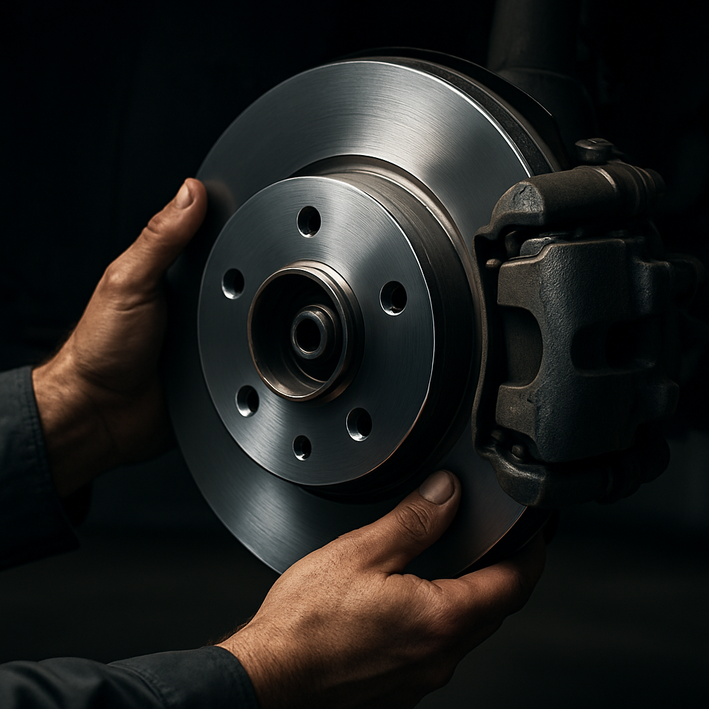 Mechaniker bei der professionellen Bremsscheibeninspektion in der Werkstatt